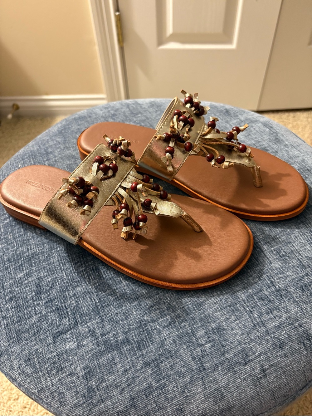 Gold Beaded Toe-Post Sandals - Women's Slide